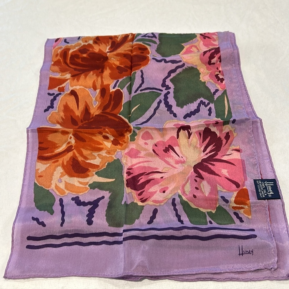 Honey Vintage Silk Scarf Purple Floral Like New Size 52x10 View 5